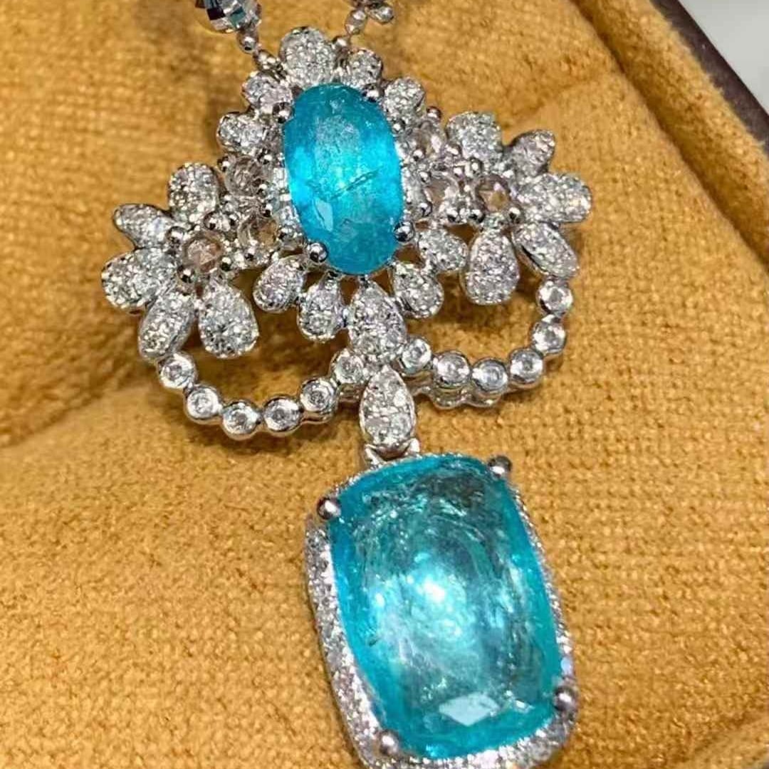 14k Gold 2.5 Ct Natural Paraiba Tourmaline & Diamond Pendant( Without Chain ): Ref:231103130 // gold content:14k gold // main gemstone:paraiba tourmaline // shape:cushion // carat weight:2. 5ct // color:blue // treatment:natural // // adjacent gemstone 2 : diamond //