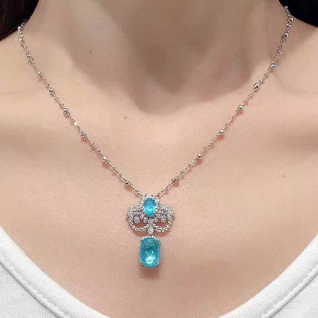 14k Gold 2.5 Ct Natural Paraiba Tourmaline & Diamond Pendant( Without Chain ) - 2