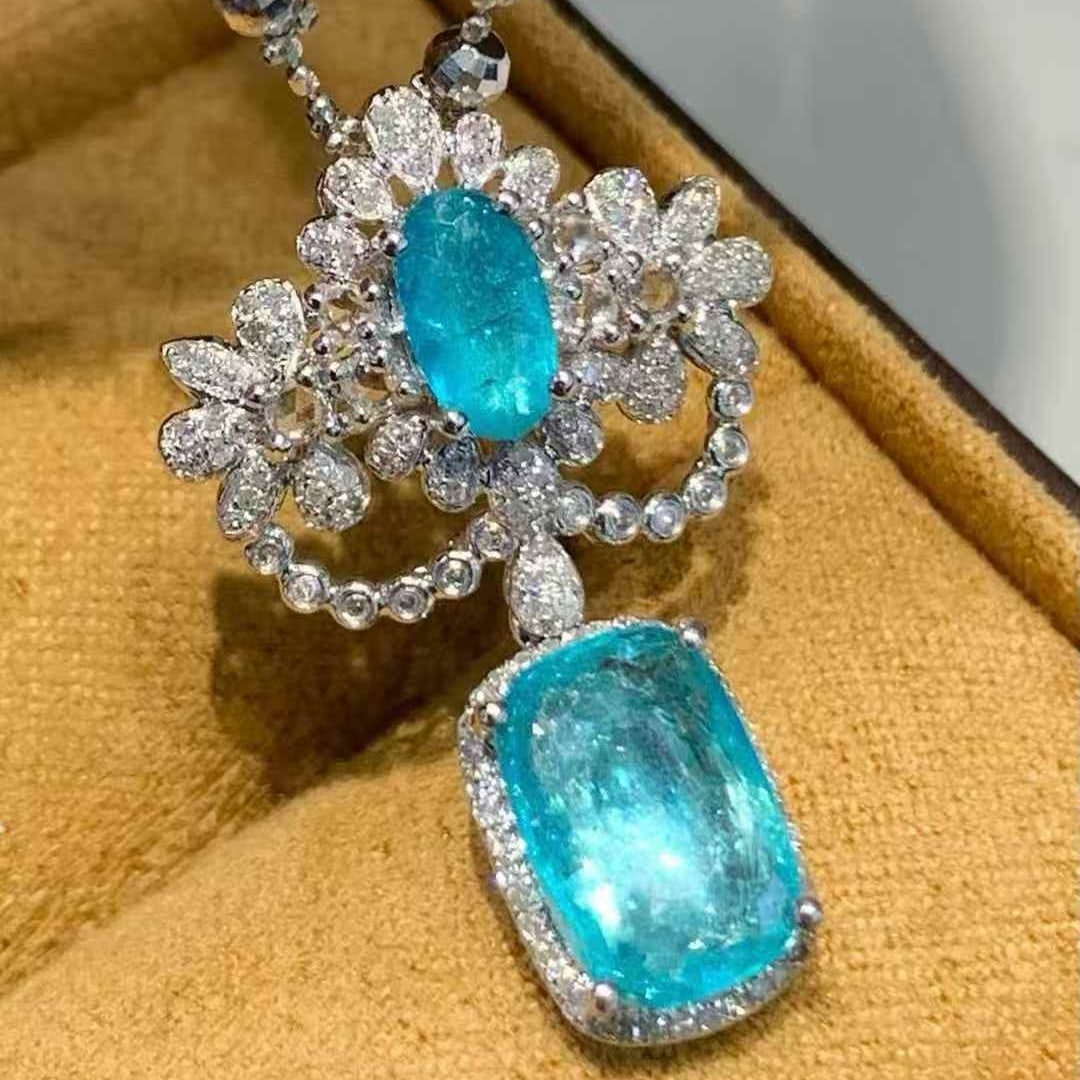 14k Gold 2.5 Ct Natural Paraiba Tourmaline & Diamond Pendant( Without Chain ) - 4