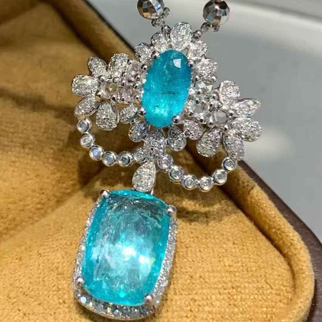 14k Gold 2.5 Ct Natural Paraiba Tourmaline & Diamond Pendant( Without Chain ) - 6