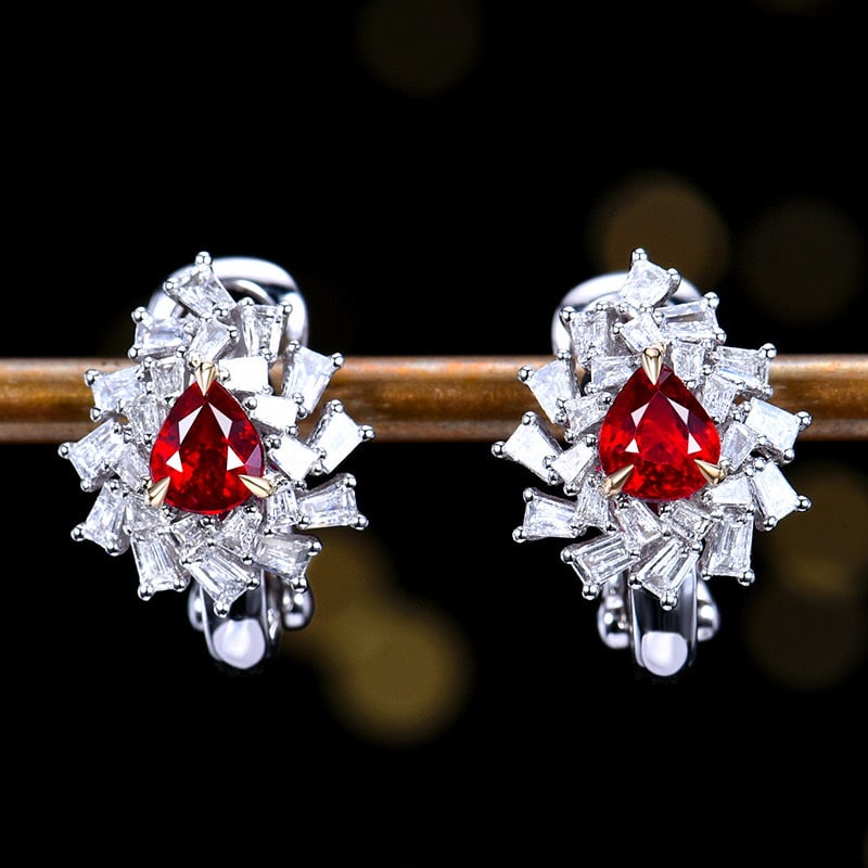 14k Gold 1.37 Ctw Natural Ruby & Diamond Earrings: Ref:231103143 // gold content:14k gold // main gemstone:ruby // shape:pear // carat weight:0. 79ct // color:pigeonblood red // treatment:natural // // adjacent gemstone 2 : diamond // number of