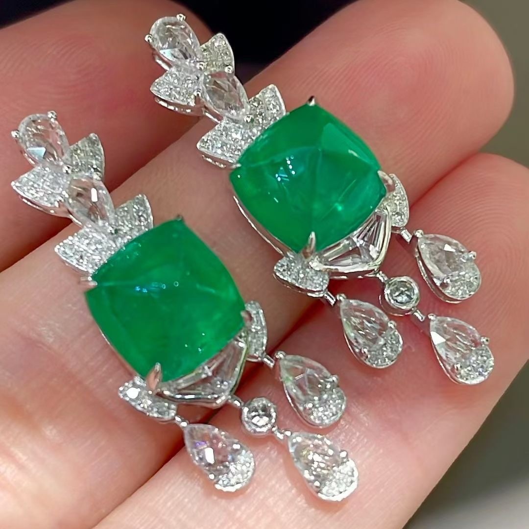 14k Gold 5.9 Ct Vivid Green Natural Emerald & Diamond & Sapphire Earrings - 3