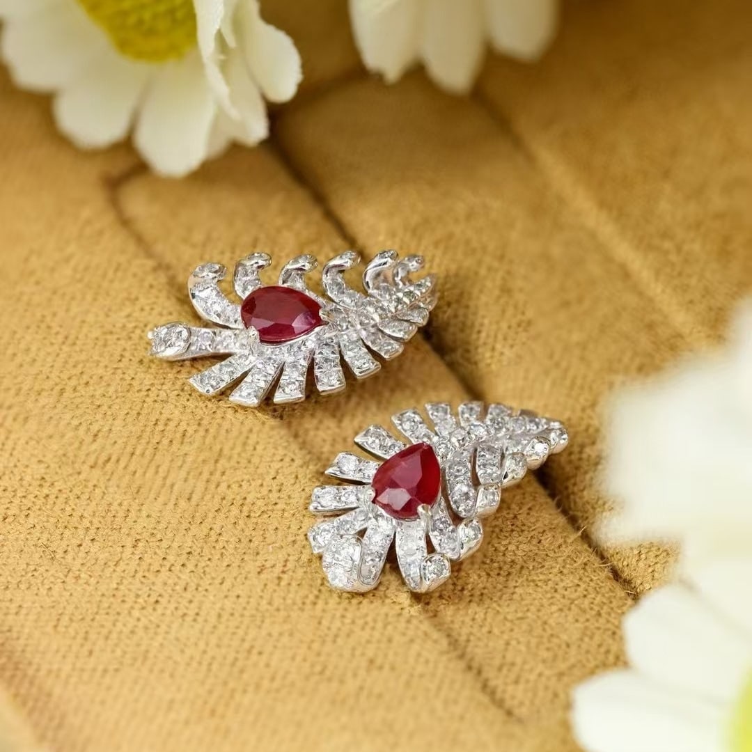 14k Gold 1 Ct Natural Ruby & Diamond Earrings - 2