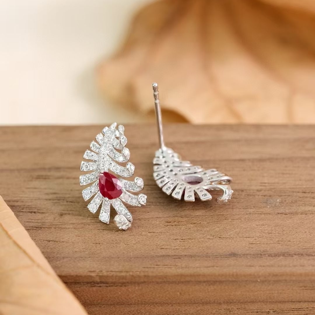 14k Gold 1 Ct Natural Ruby & Diamond Earrings - 3