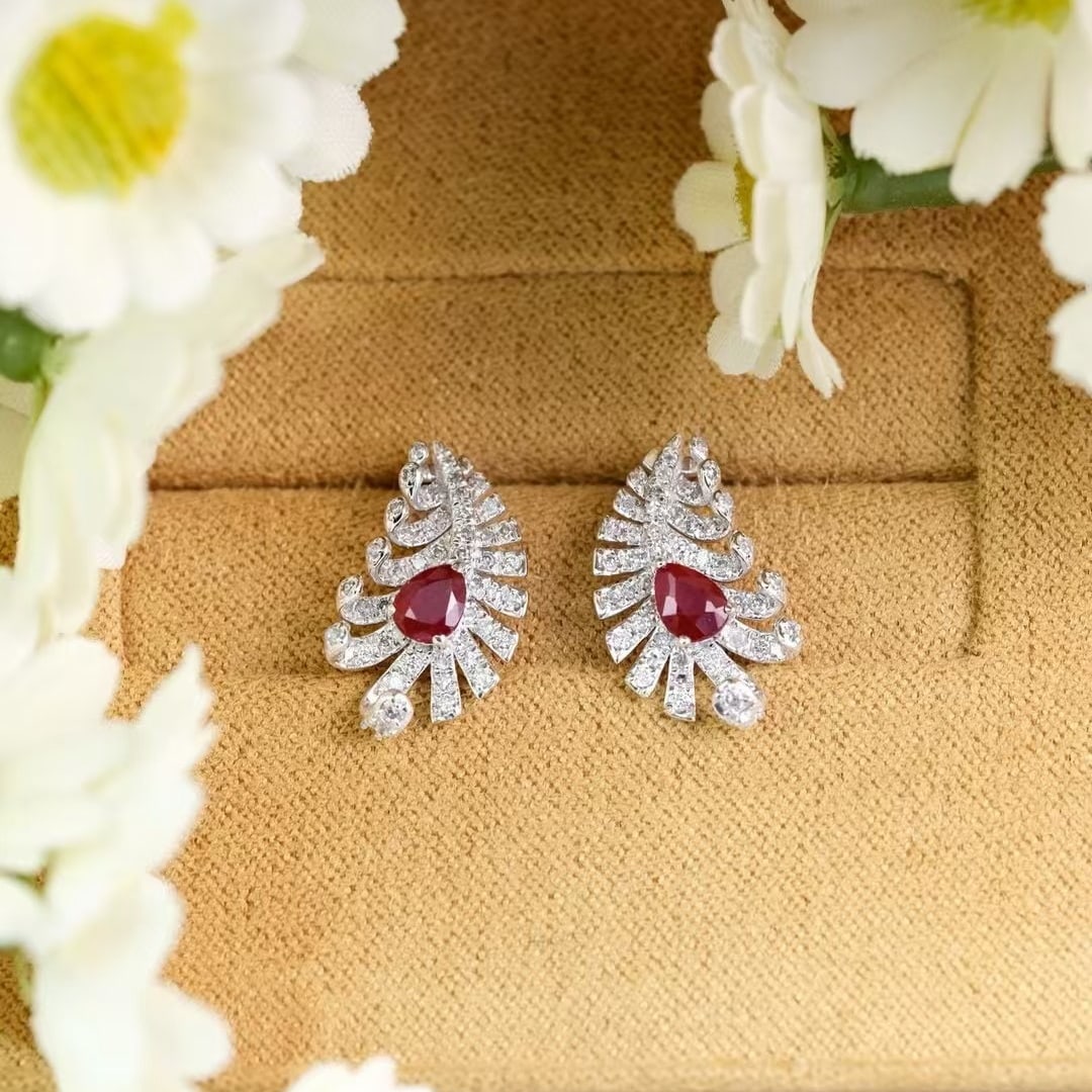 14k Gold 1 Ct Natural Ruby & Diamond Earrings - 4