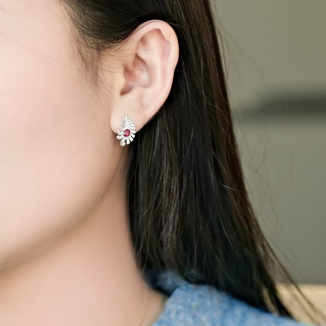 14k Gold 1 Ct Natural Ruby & Diamond Earrings - 5