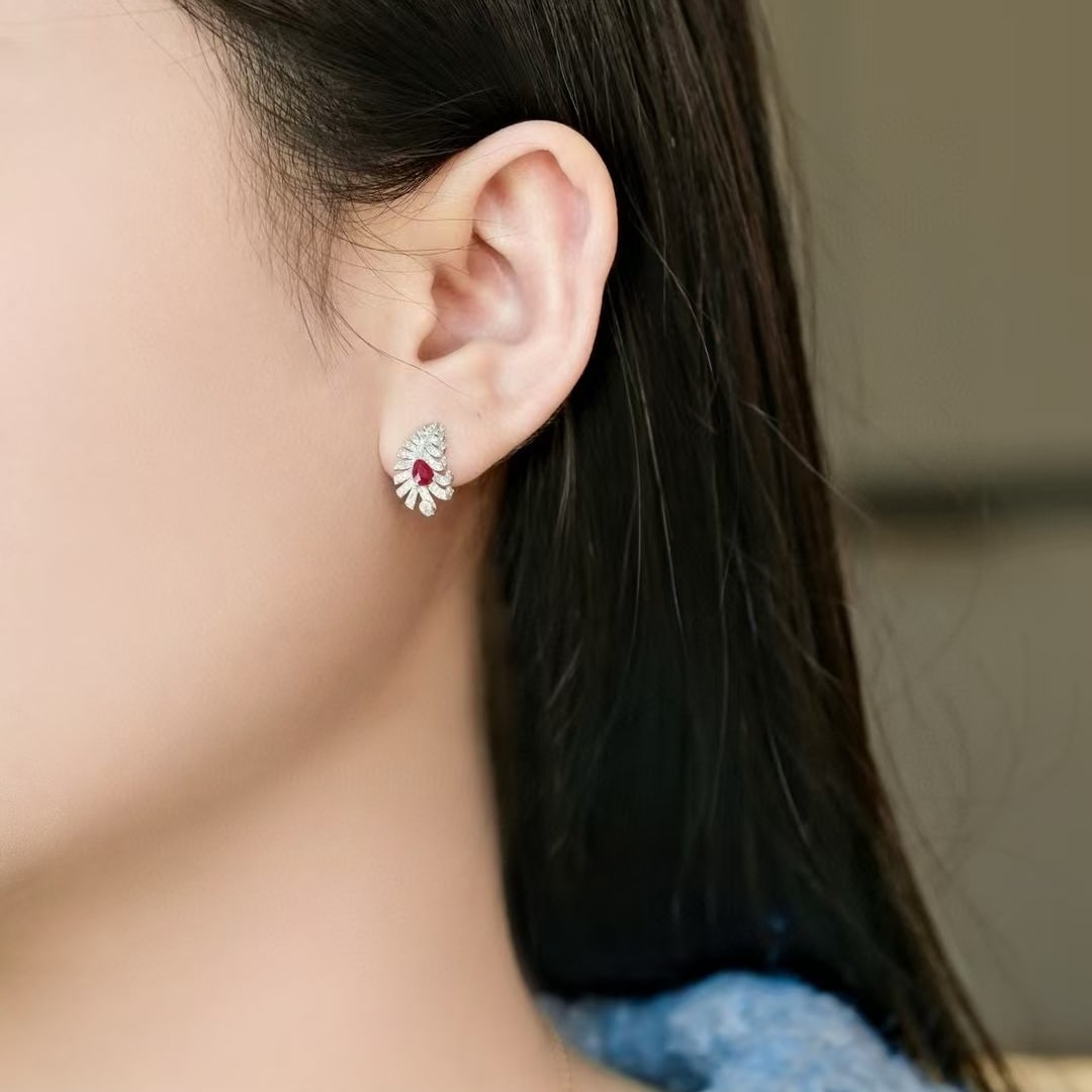 14k Gold 1 Ct Natural Ruby & Diamond Earrings - 6