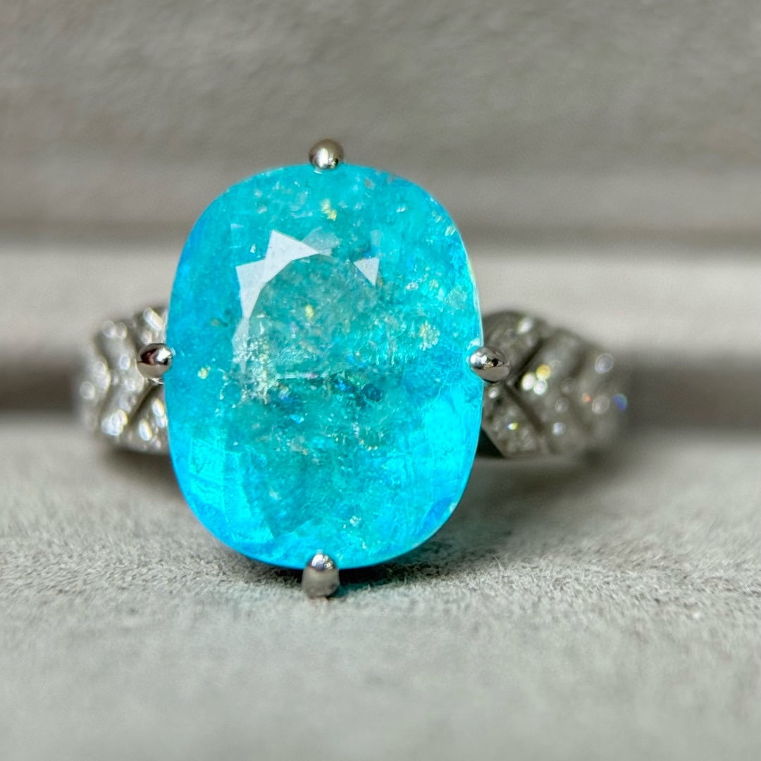 14k Gold 7.89 Ctw Natural Paraiba Tourmaline & Diamond Ring - 2