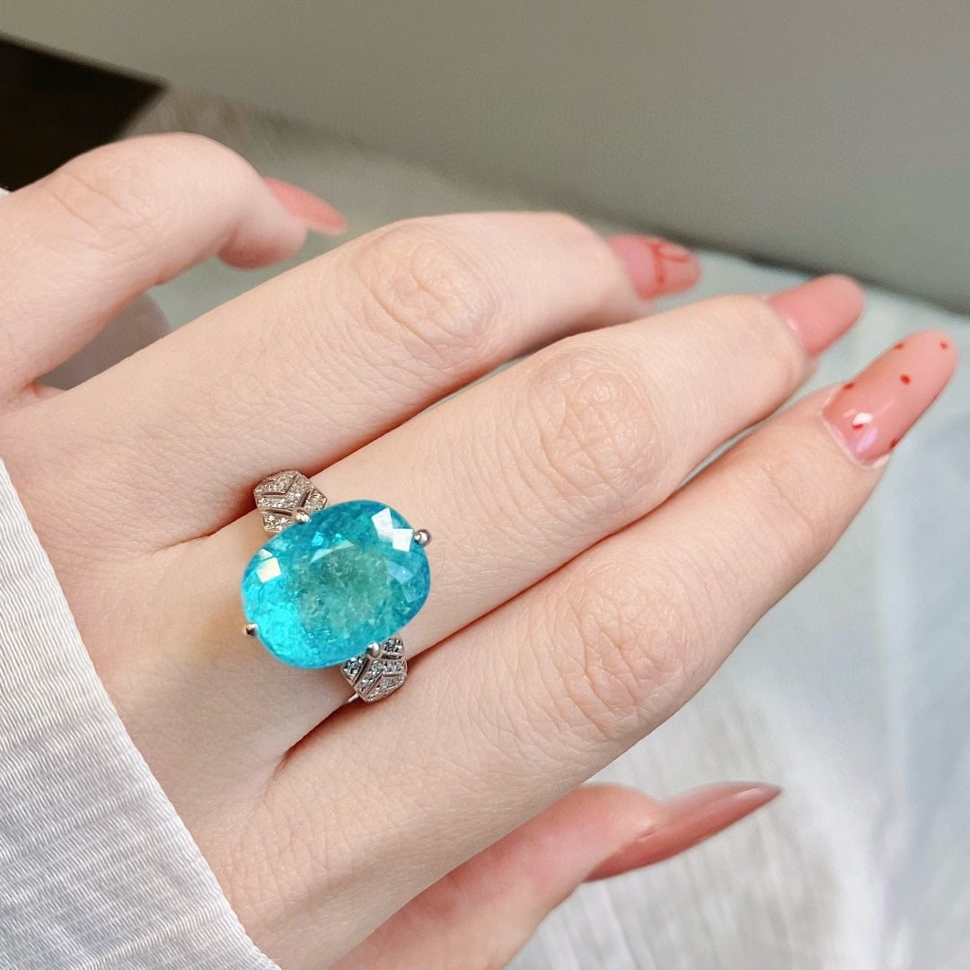 14k Gold 7.89 Ctw Natural Paraiba Tourmaline & Diamond Ring - 3