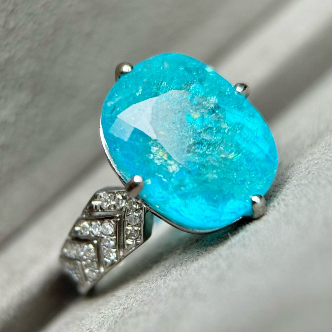 14k Gold 7.89 Ctw Natural Paraiba Tourmaline & Diamond Ring - 6