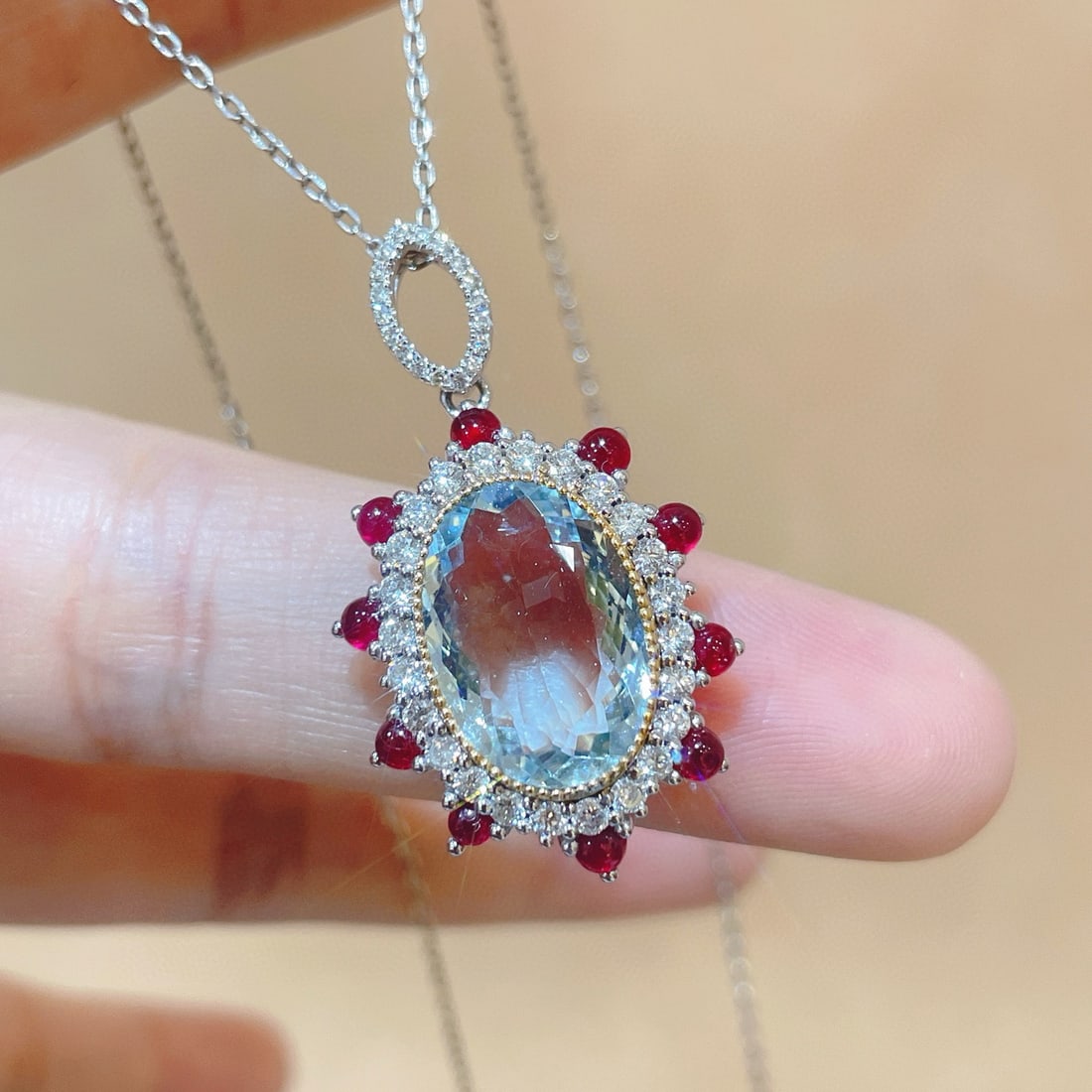 14k Gold 6.18 Ctw Natural Aquamarine & Diamond Pendant( Without Chain ) - 2