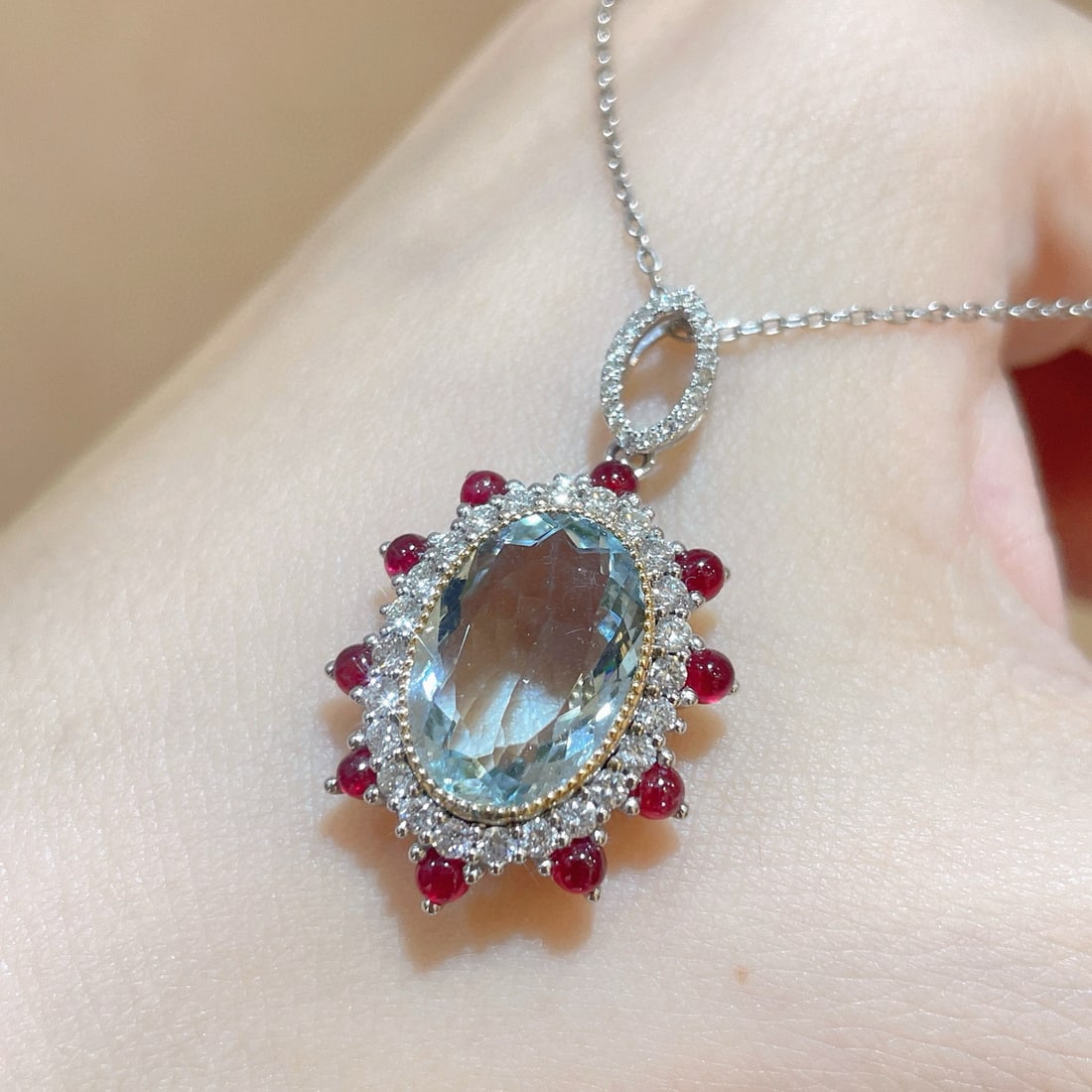 14k Gold 6.18 Ctw Natural Aquamarine & Diamond Pendant( Without Chain ) - 3