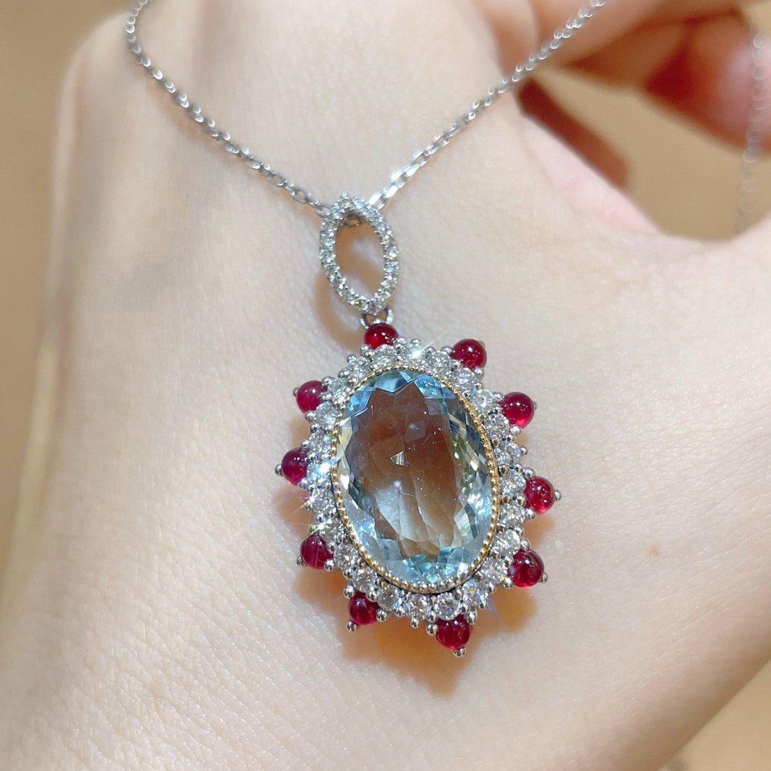 14k Gold 6.18 Ctw Natural Aquamarine & Diamond Pendant( Without Chain ) - 4