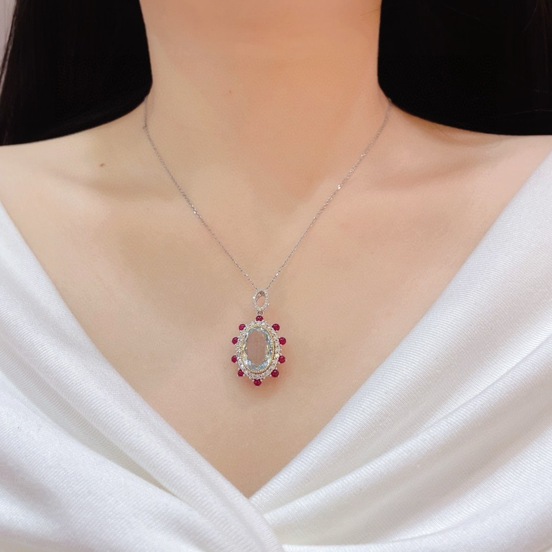 14k Gold 6.18 Ctw Natural Aquamarine & Diamond Pendant( Without Chain ) - 7