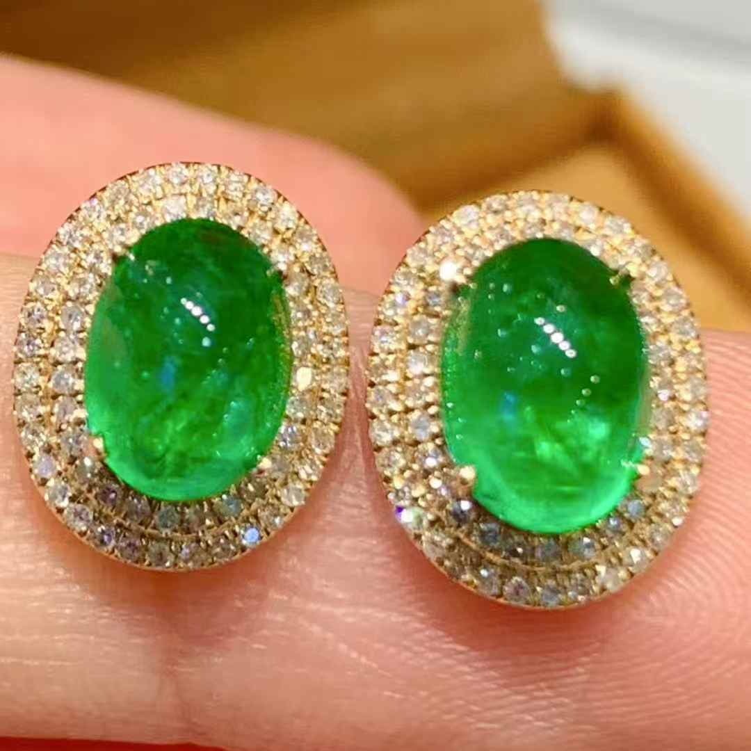14k Gold 2.8 Ct Vivid Green Natural Emerald & Diamond Earrings - 2