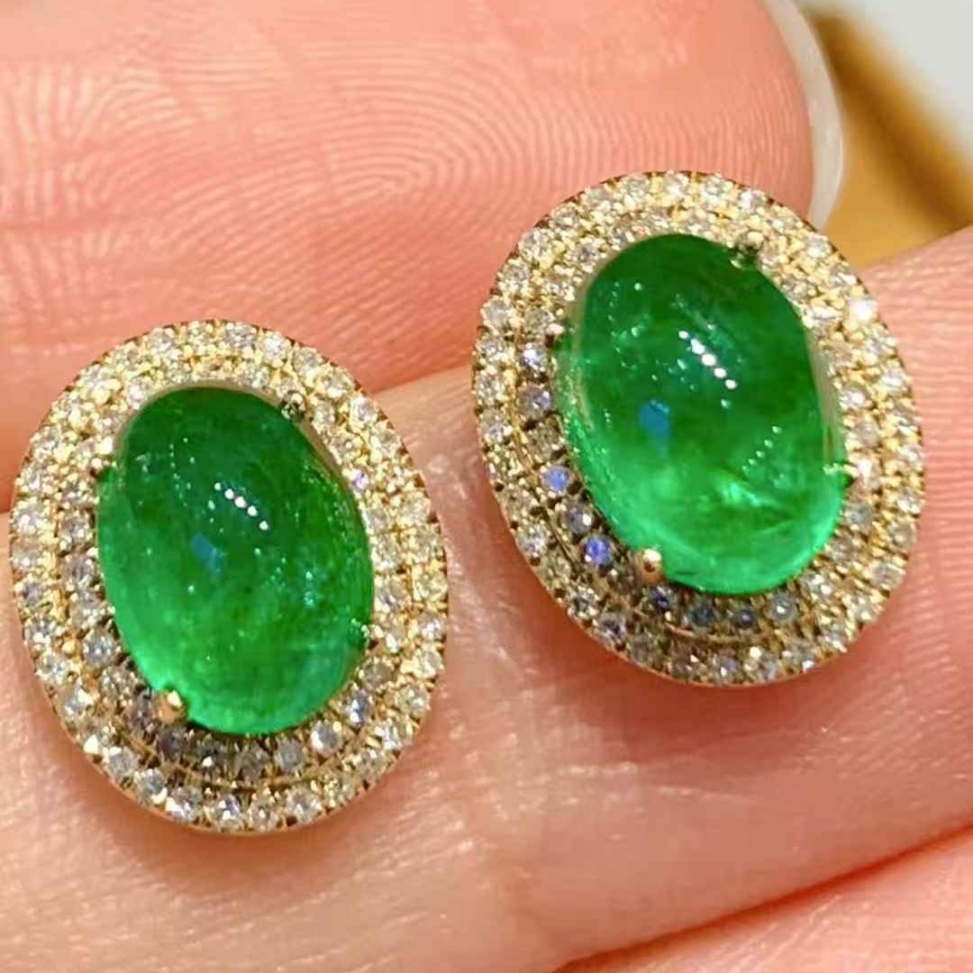 14k Gold 2.8 Ct Vivid Green Natural Emerald & Diamond Earrings - 4