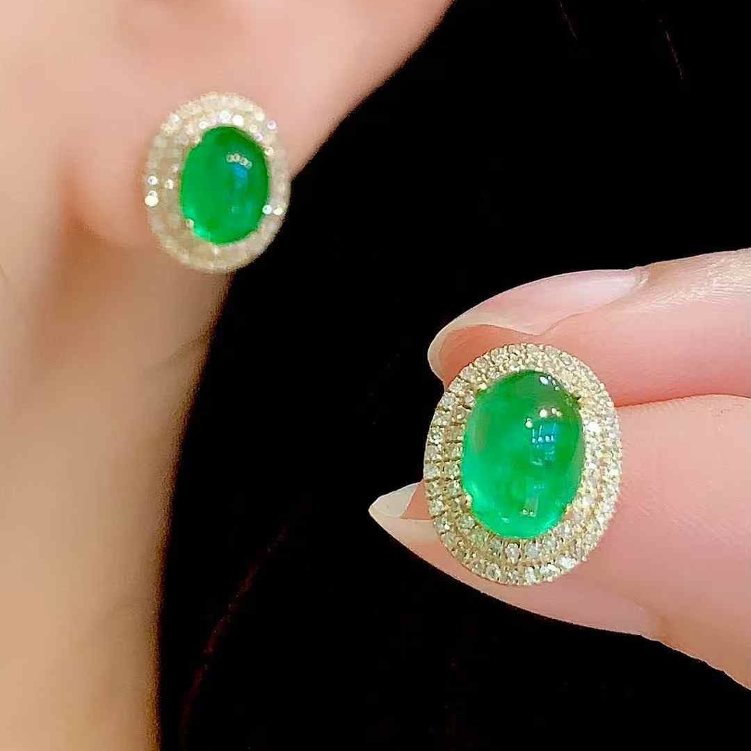 14k Gold 2.8 Ct Vivid Green Natural Emerald & Diamond Earrings - 5