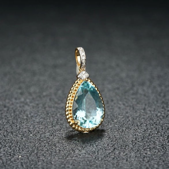 14k Gold 3.18 Ct Natural Aquamarine & Diamond Pendant( Without Chain ) - 2