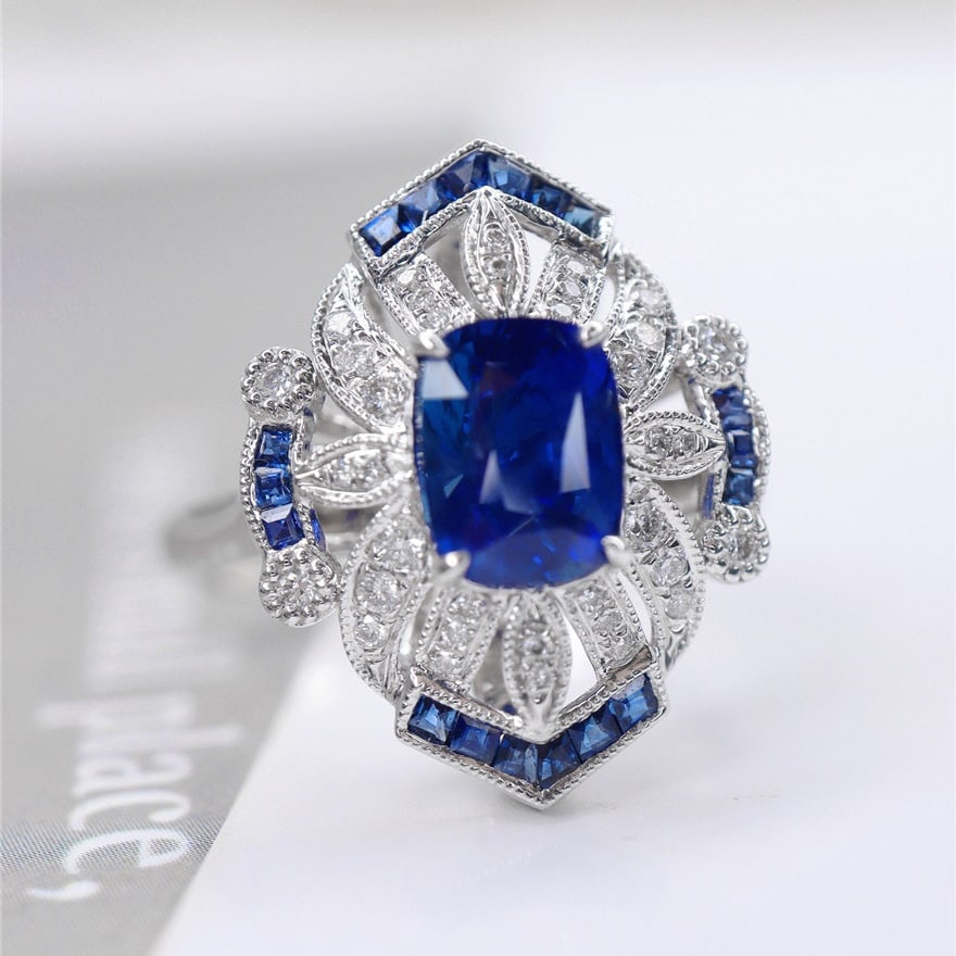 14k Gold 1.91 Ctw Natural Sapphire & Diamond Ring/pendant( Without Chain ): Ref:231104041 // gold content:14k gold // ring size:7. 25us // // main gemstone:sapphire // shape:cushion // carat weight:1. 72ct // color:royal blue // treatment:natural // // adjacent gemstone 2