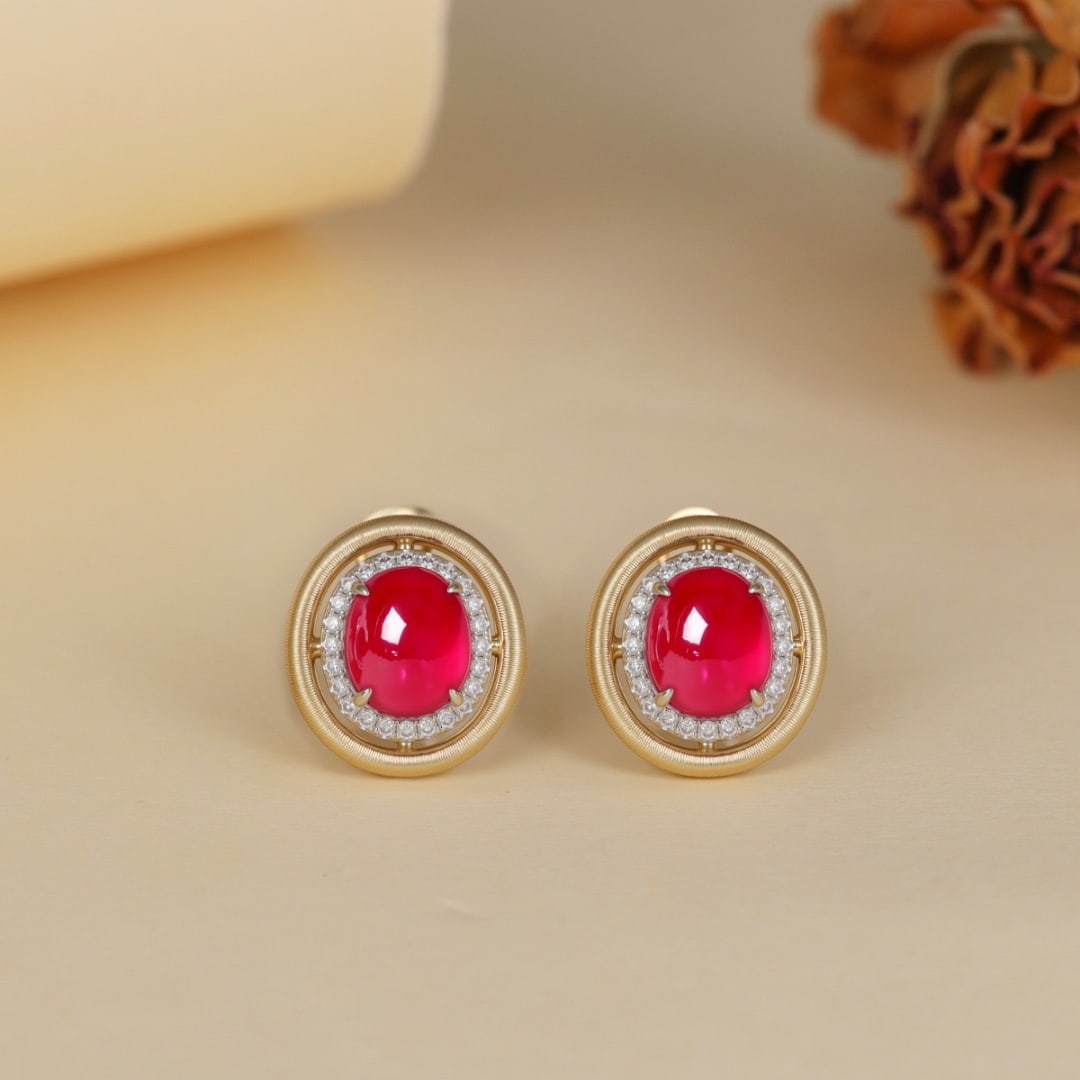 14k Gold 3.58 Ct Natural Ruby & Diamond Earrings: Ref:231104066 // gold content:14k gold // main gemstone:ruby // shape:oval // carat weight:3. 58ct // color:red // treatment:natural // // adjacent gemstone 2 : diamond // shape:round // clarity grade
