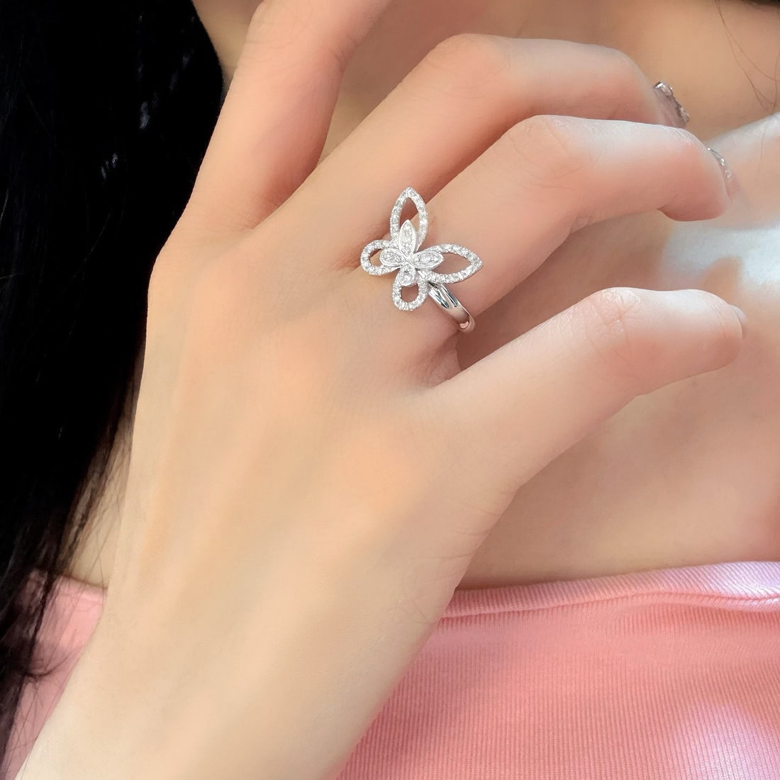 14k Gold 0.32 Ct Natural H Diamond & Butterfly Ring - 6