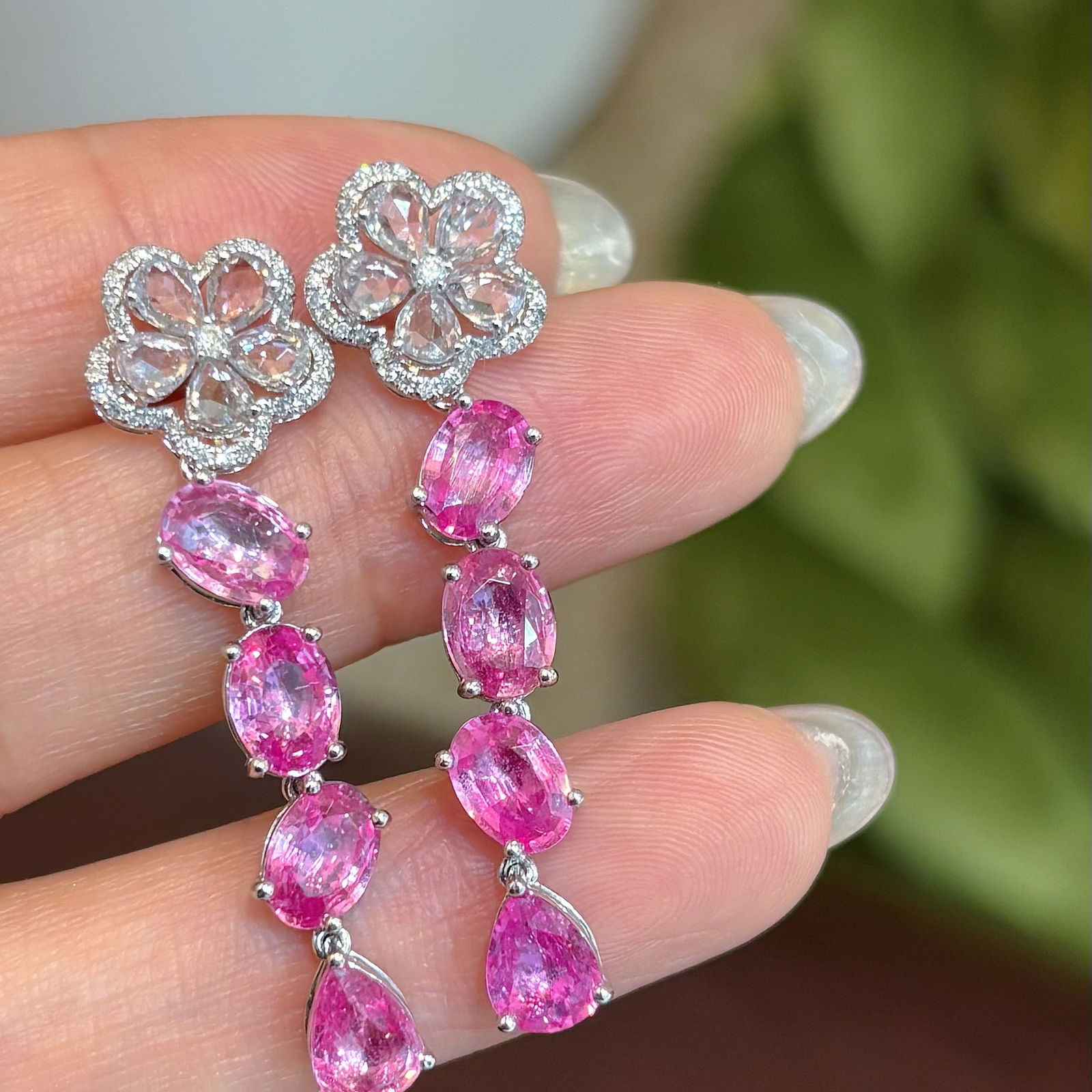 14k Gold 6.02 Ct Natural Sapphire & Sapphire & Diamond Earrings: Ref:231104206 // gold content:14k gold // main gemstone:sapphire // shape:multiple // carat weight:6. 02ct // color:pink // treatment:natural // // adjacent gemstone 2 : sapphire // shape:pear //