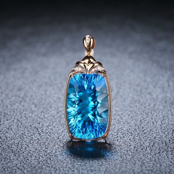 14k Gold 24.59 Ct Natural Topaz & Diamond Pendant( Without Chain ): Ref:231104258 // gold content:14k gold // main gemstone:topaz // shape:cushion // carat weight:24. 59ct // color:blue // treatment:natural // // adjacent gemstone 2 : diamond // shape:round // clarity
