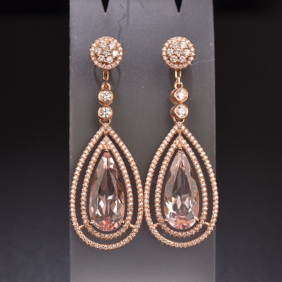 14k Gold 7.31 Ctw Natural Morganite & Diamond Earrings: Ref:231104259 // gold content:14k gold // main gemstone:morganite // shape:pear // carat weight:6. 1ct // color:pink // treatment:natural // // adjacent gemstone 2 : diamond // shape:round // carat we