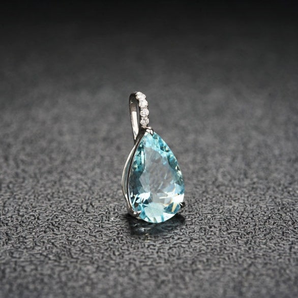 14k Gold 3.15 Ct Natural Aquamarine & Diamond Pendant( Without Chain ) - 2