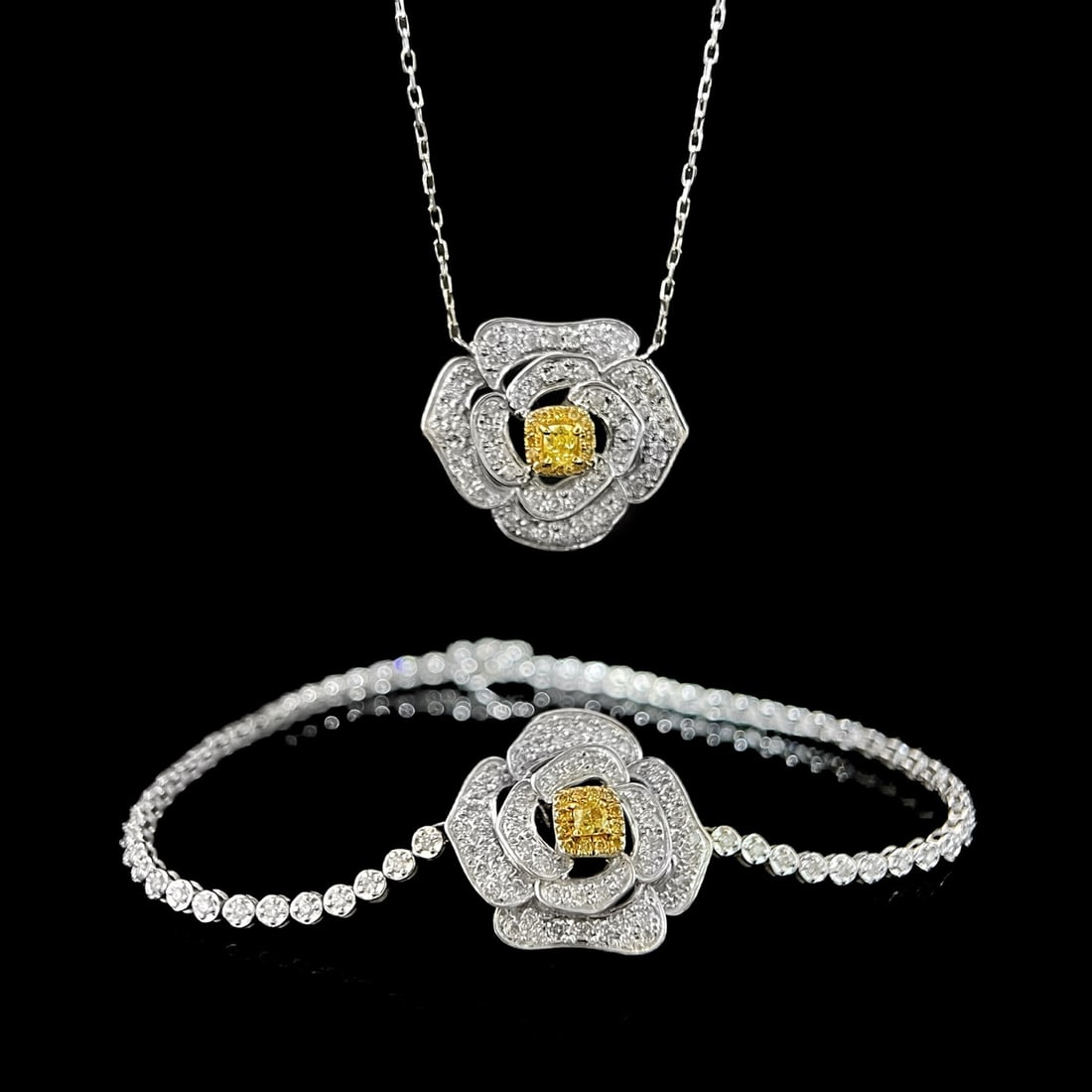 14k Gold 2.75 Ctw Natural Color Diamond & Flowers Jewelry Set: Ref:231104309 // gold content:14k gold // necklace // main gemstone:diamond // shape:multiple // carat weight:1ct // clarity grade:vs-si // color:color // treatment:natural // // bracelet // main