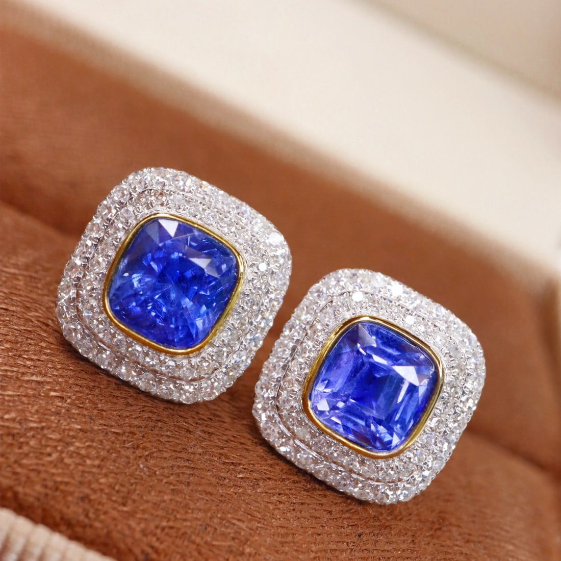14k Gold 2.59 Ctw Natural Sapphire & Diamond Earrings: Ref:231104321 // gold content:14k gold // main gemstone:sapphire // shape:cushion // carat weight:2. 12ct // color:blue // treatment:natural // // adjacent gemstone 2 : diamond // shape:round //