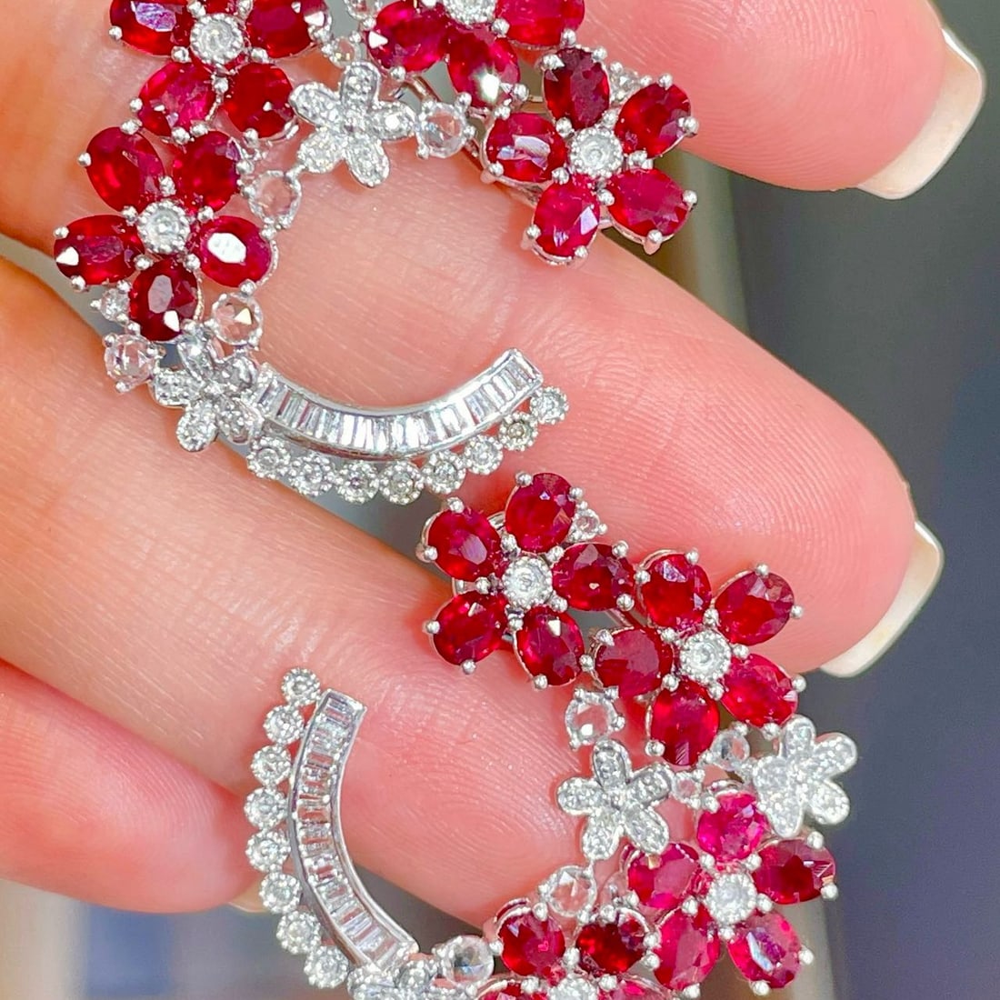 14k Gold 7 Ct Natural Ruby & Diamond & Sapphire Earrings - 2