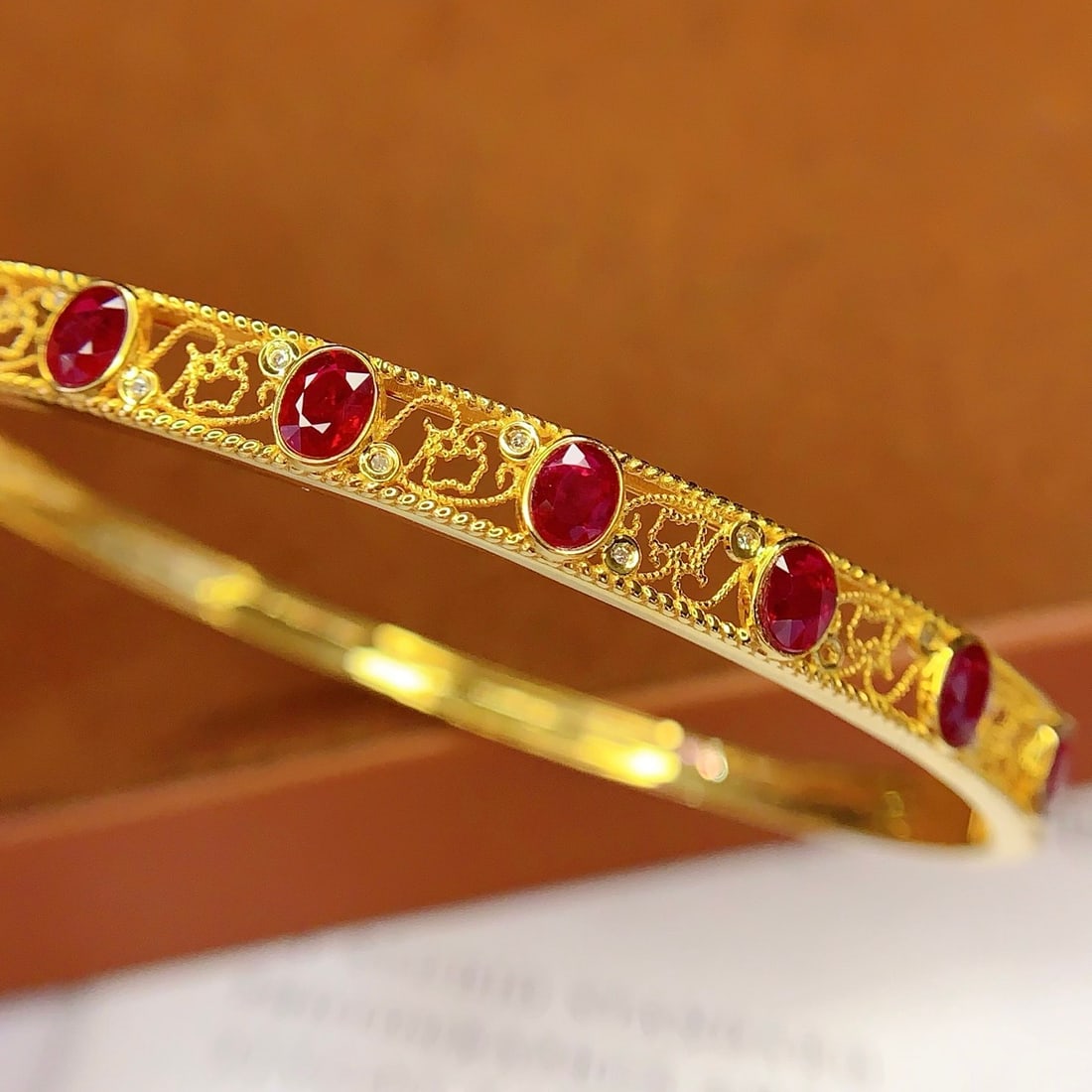14k Gold 3 Ct Vivid Red Natural Ruby & Diamond Bangle - 2