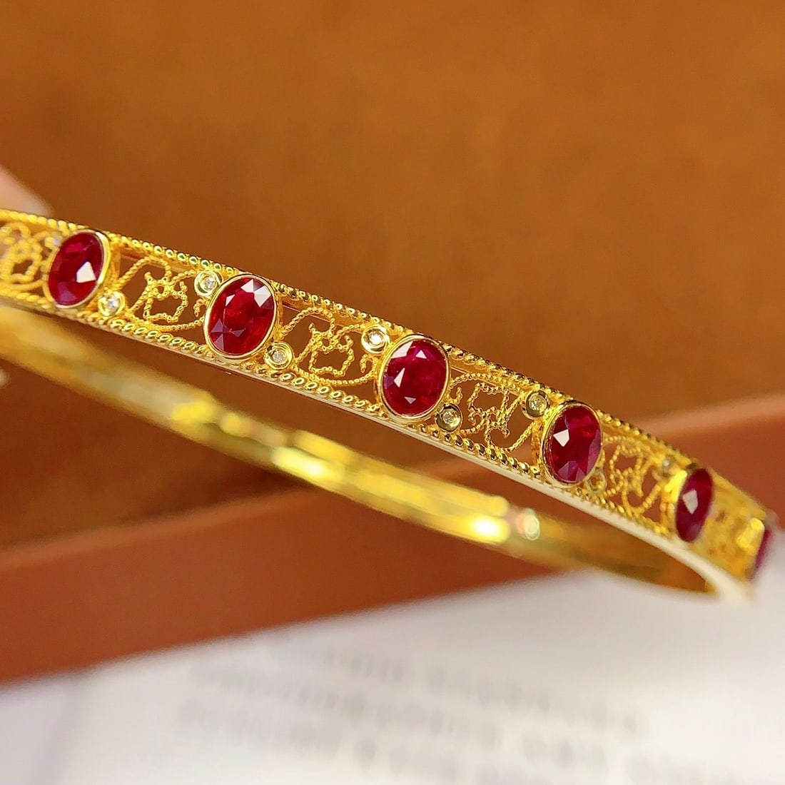 14k Gold 3 Ct Vivid Red Natural Ruby & Diamond Bangle - 4