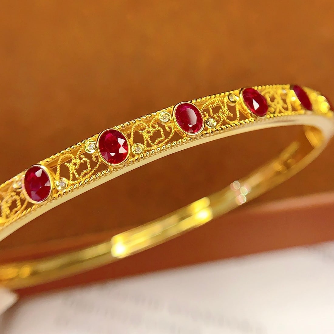 14k Gold 3 Ct Vivid Red Natural Ruby & Diamond Bangle - 5