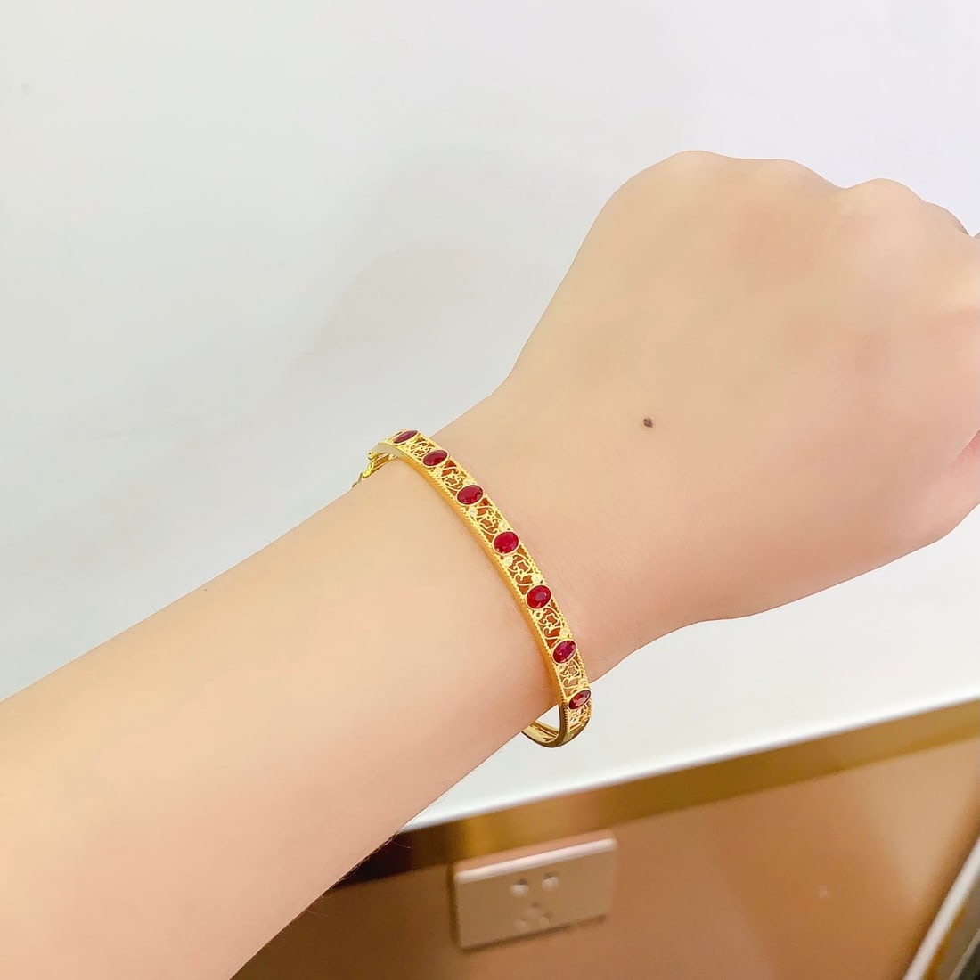 14k Gold 3 Ct Vivid Red Natural Ruby & Diamond Bangle - 6