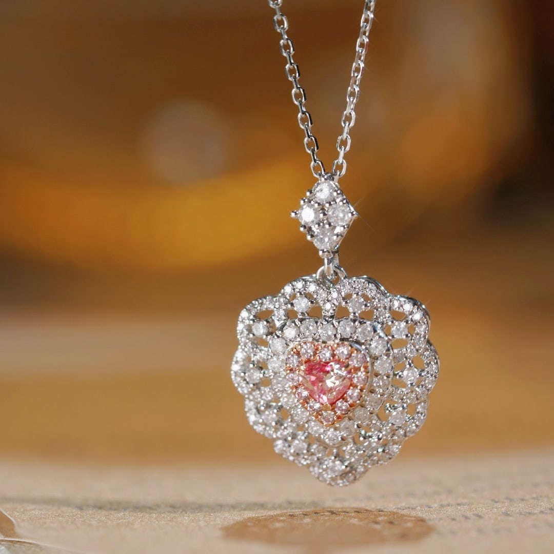 14k Gold 0.60 Ctw Natural Pink Diamond & Diamond Necklace: Ref:231104449 // gold content:14k gold // main gemstone:pink diamond // shape:heart // carat weight:0. 14ct // color:pink // treatment:natural // // adjacent gemstone 2 : diamond // shape:round //