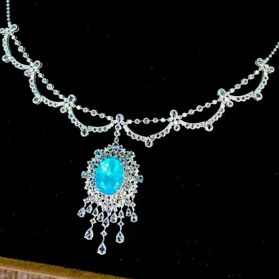 14k Gold 9.25 Ct Natural Paraiba Tourmaline & Diamond Necklace - 3