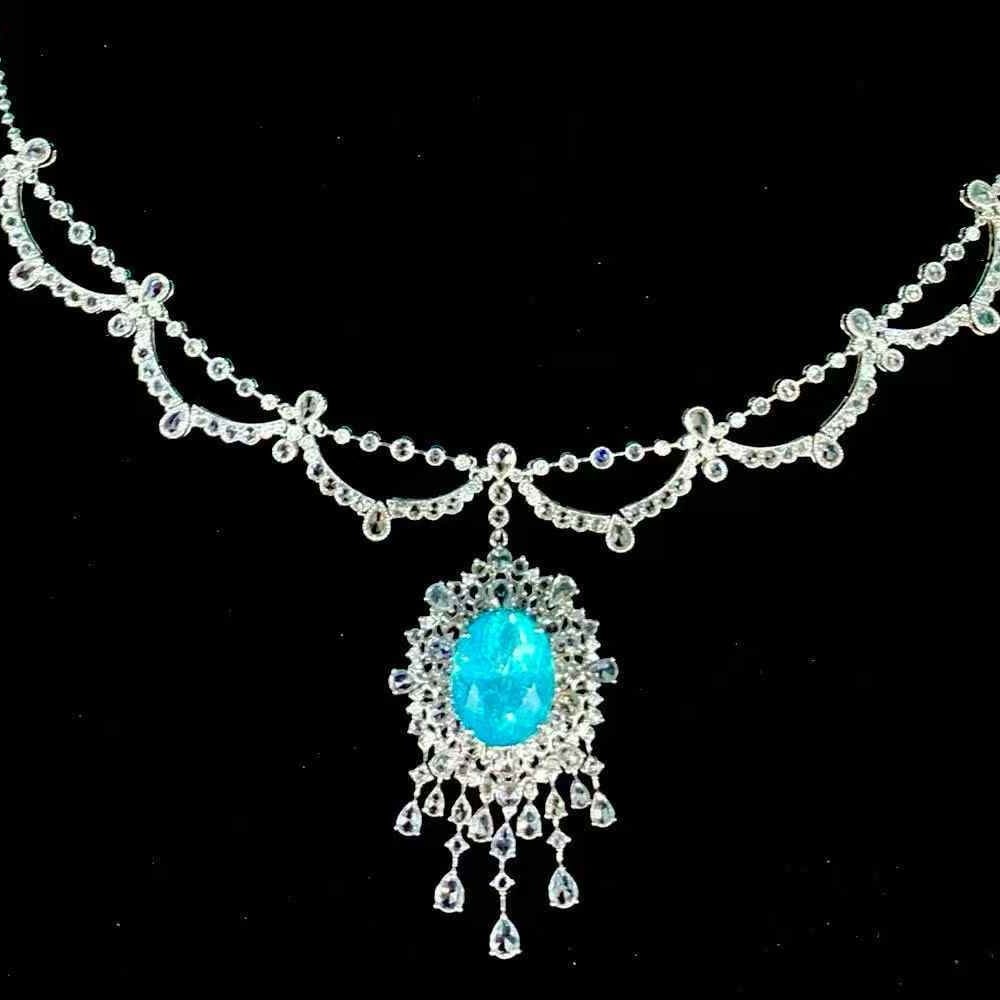 14k Gold 9.25 Ct Natural Paraiba Tourmaline & Diamond Necklace - 4