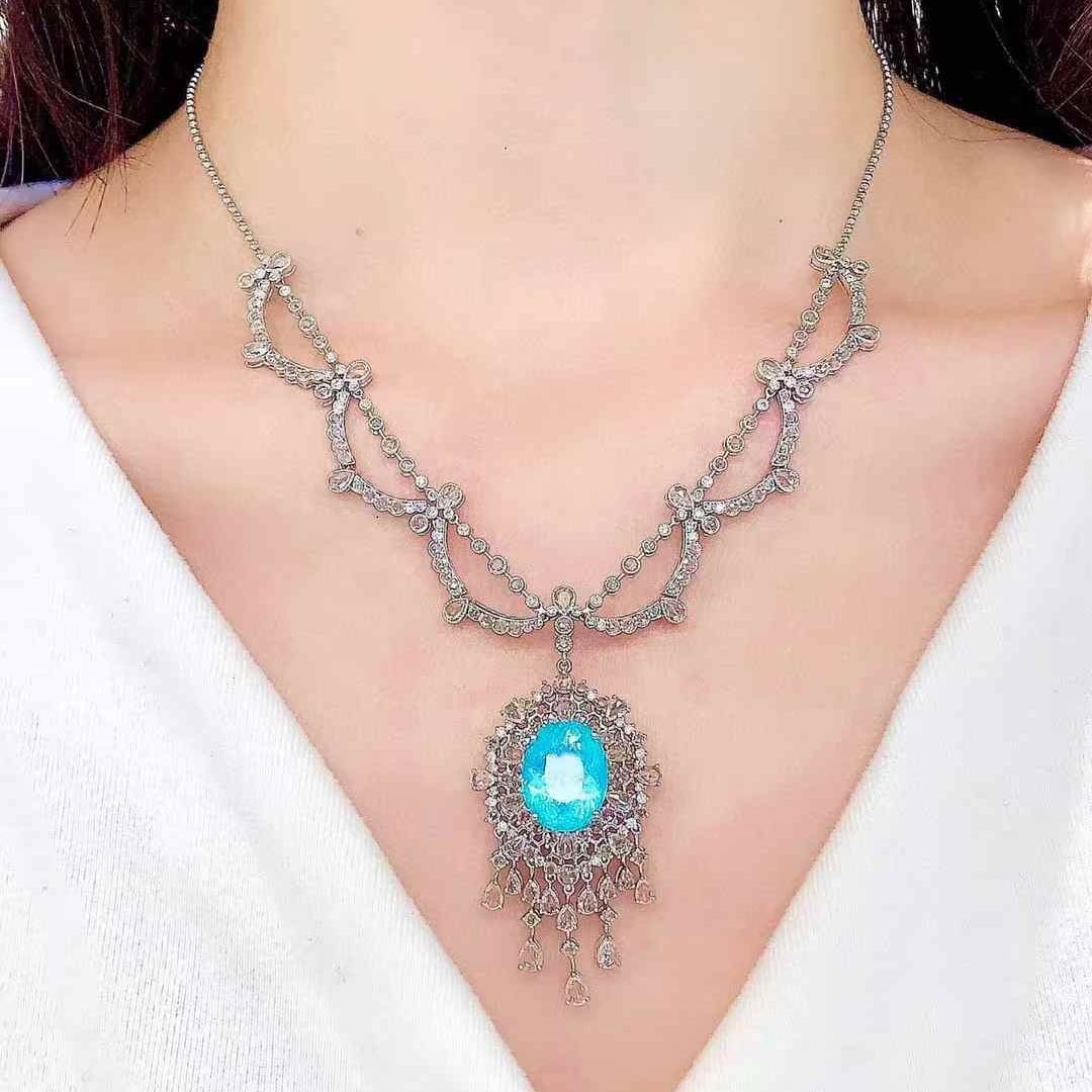 14k Gold 9.25 Ct Natural Paraiba Tourmaline & Diamond Necklace - 5