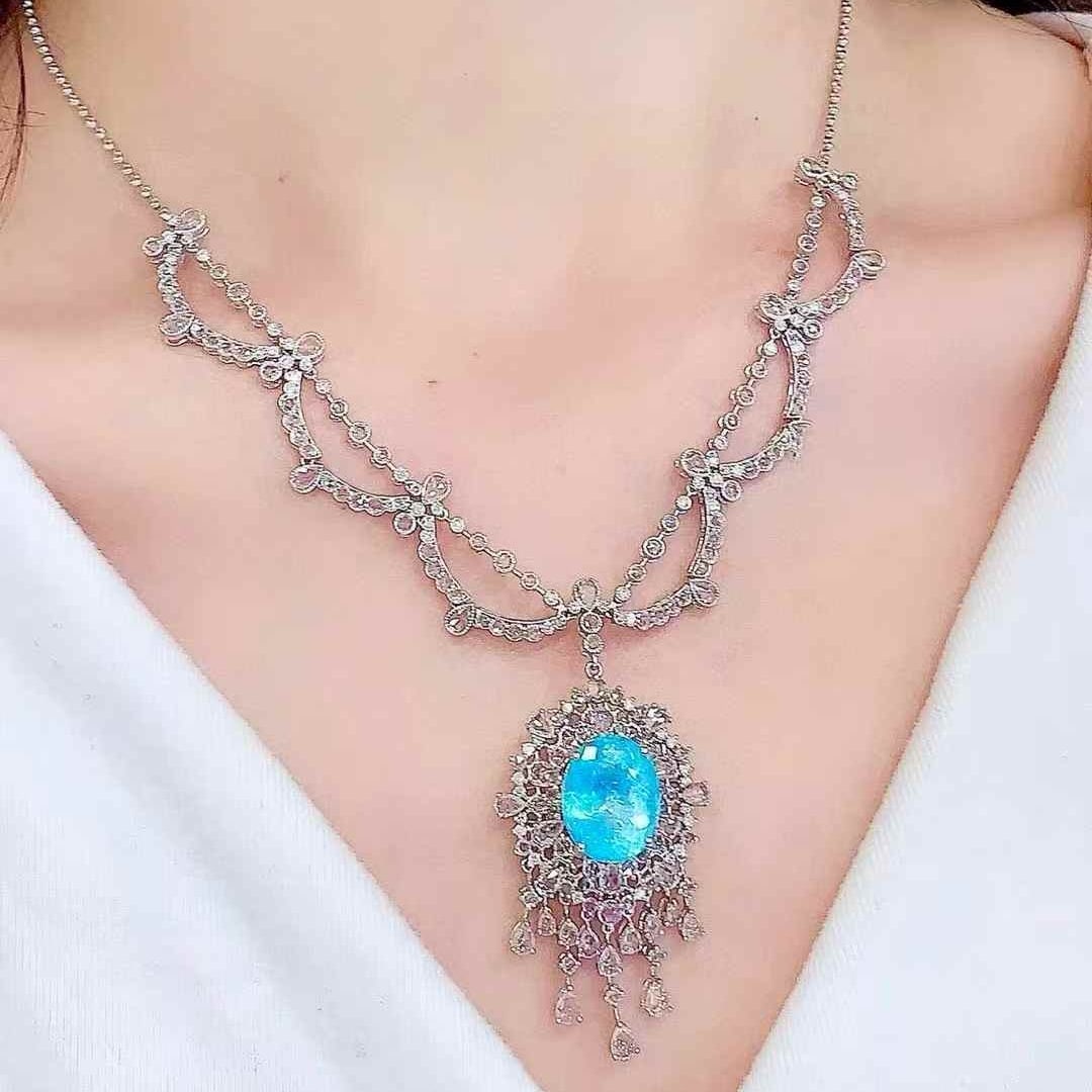 14k Gold 9.25 Ct Natural Paraiba Tourmaline & Diamond Necklace - 6