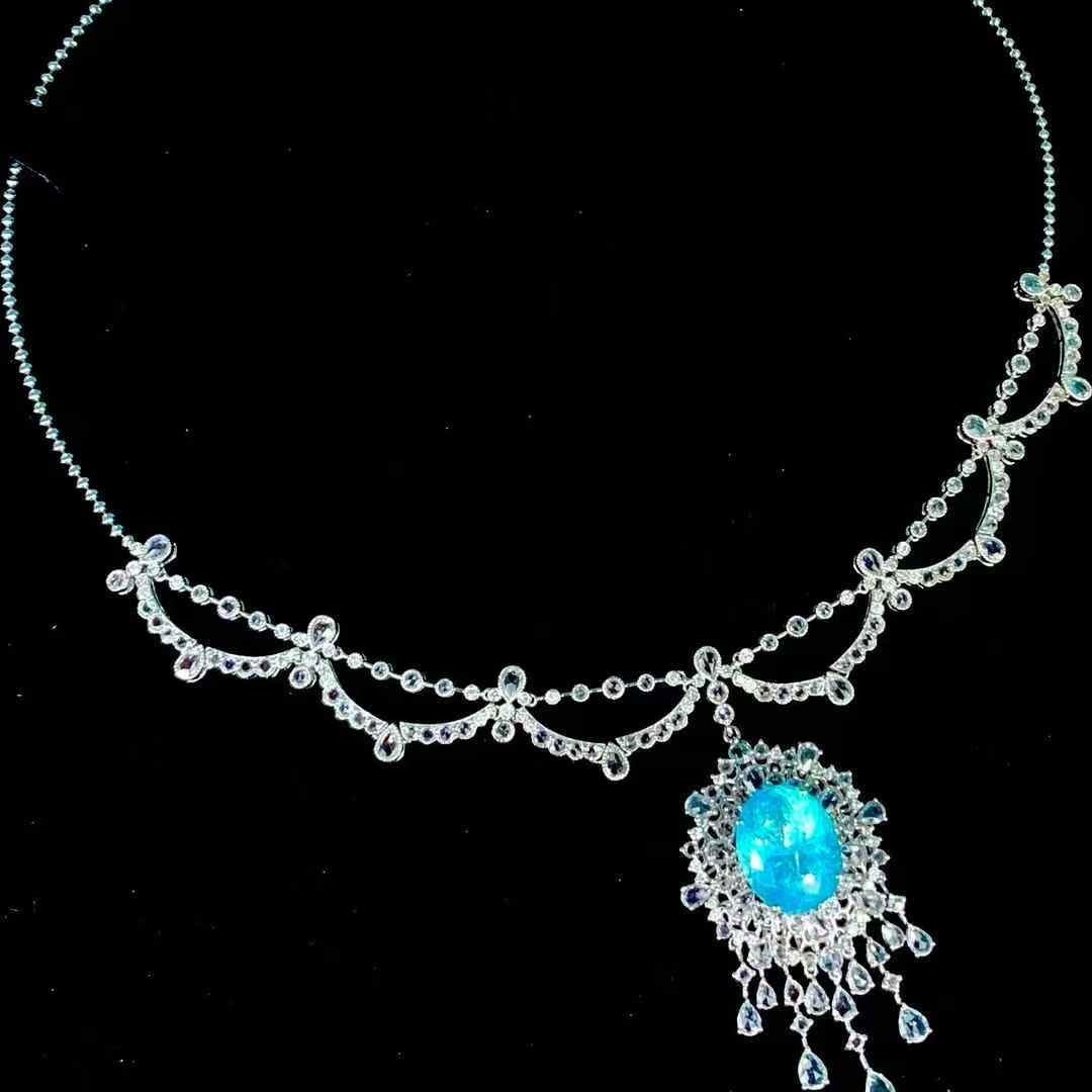 14k Gold 9.25 Ct Natural Paraiba Tourmaline & Diamond Necklace - 7