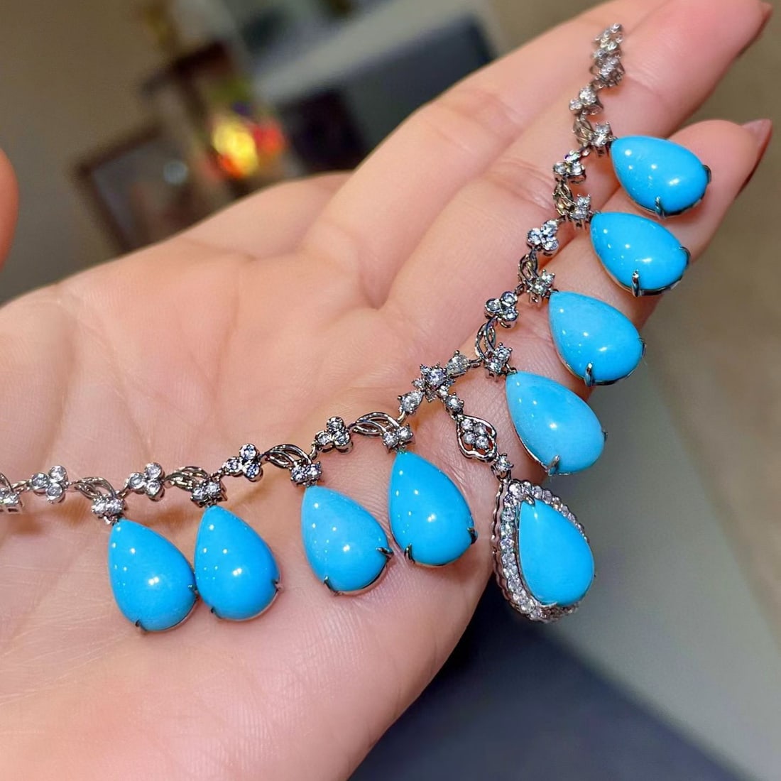 14k Gold 24.76 Ctw Natural Blue Turquoise & Diamond Necklace - 4