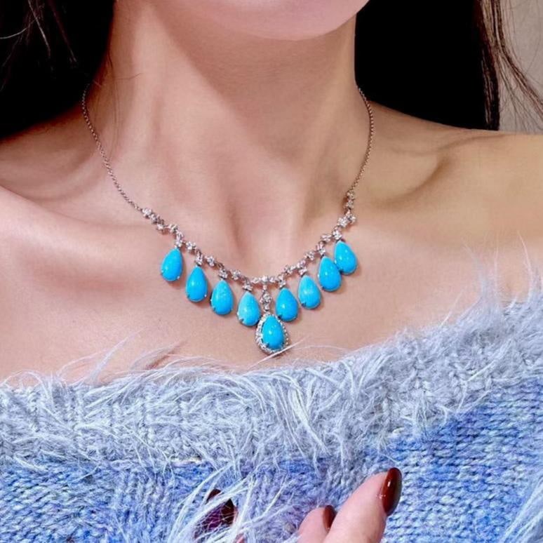 14k Gold 24.76 Ctw Natural Blue Turquoise & Diamond Necklace - 5