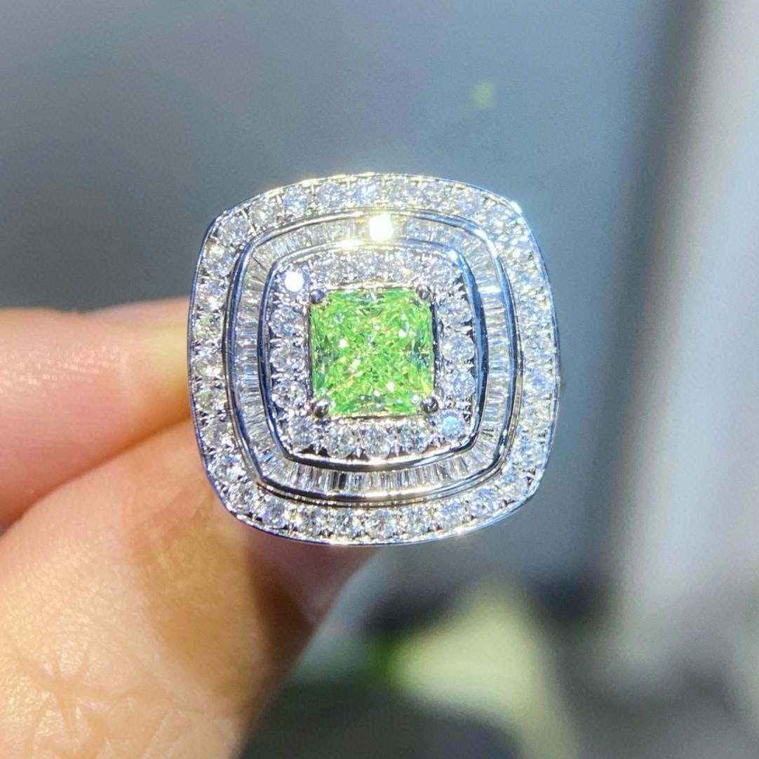 Gia Certified 14k Gold 1.95 Ctw Natural Green Diamond & Diamond Ring/pendant( Without Chain ): Ref:231105042 // gold content:14k gold // ring size:7. 25us // // main gemstone:green diamond // certified:gia // shape:radiant // carat weight:1. 00ct // clarity grade:si1 // color:green //