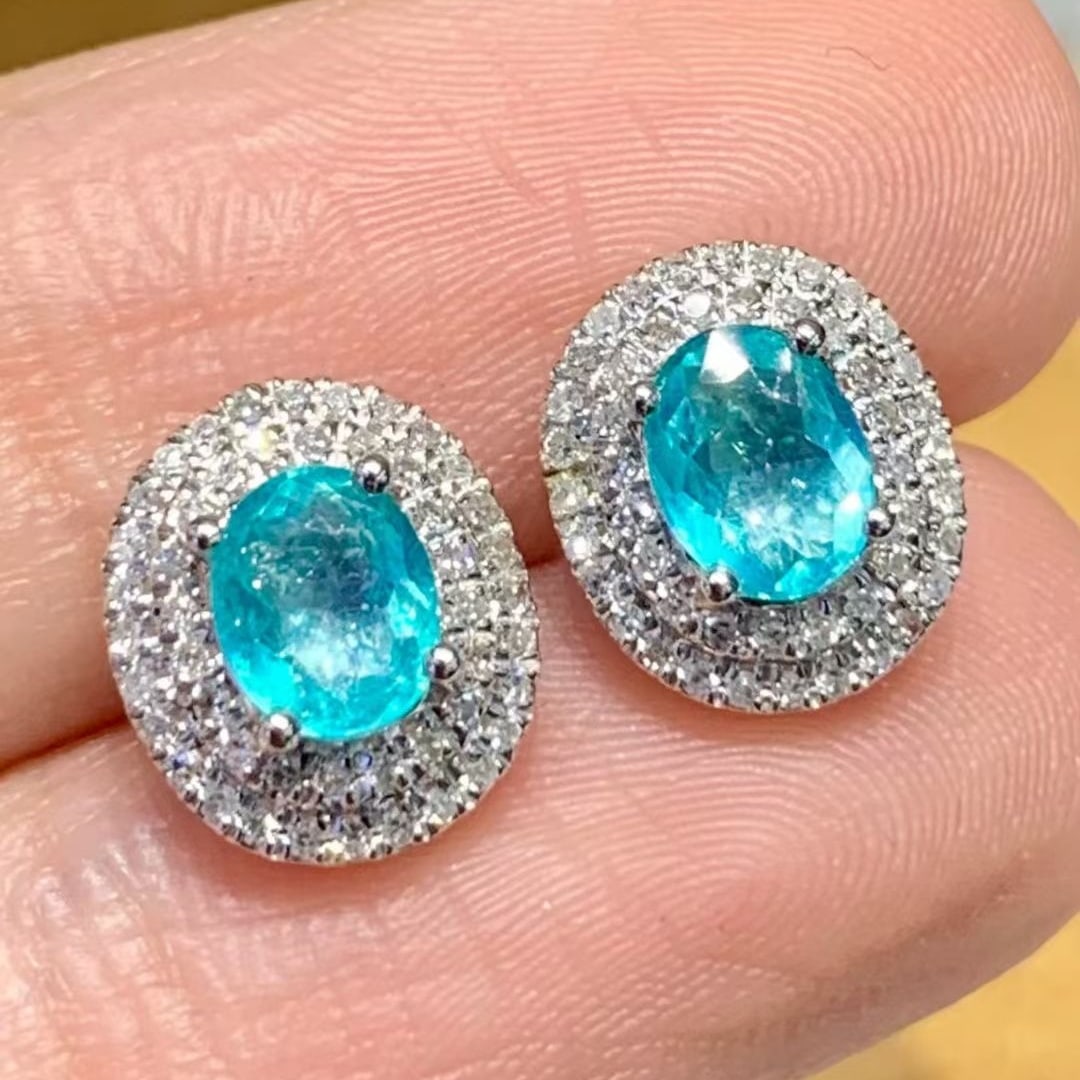 14k Gold 0.8 Ct Natural Paraiba Tourmaline & Diamond Earrings - 3