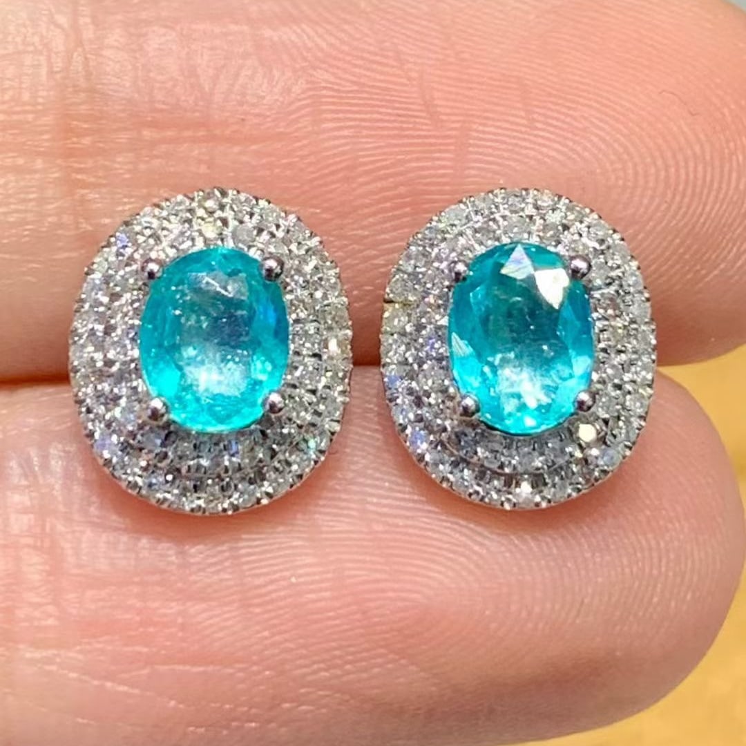14k Gold 0.8 Ct Natural Paraiba Tourmaline & Diamond Earrings - 4