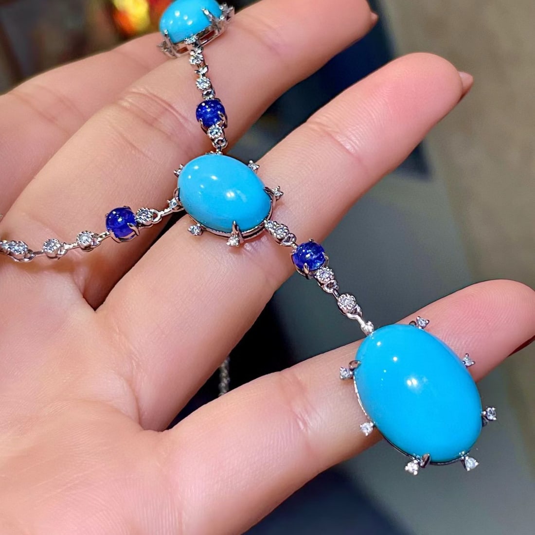 14k Gold 37.20 Ctw Natural Blue Turquoise & Sapphire Necklace - 3