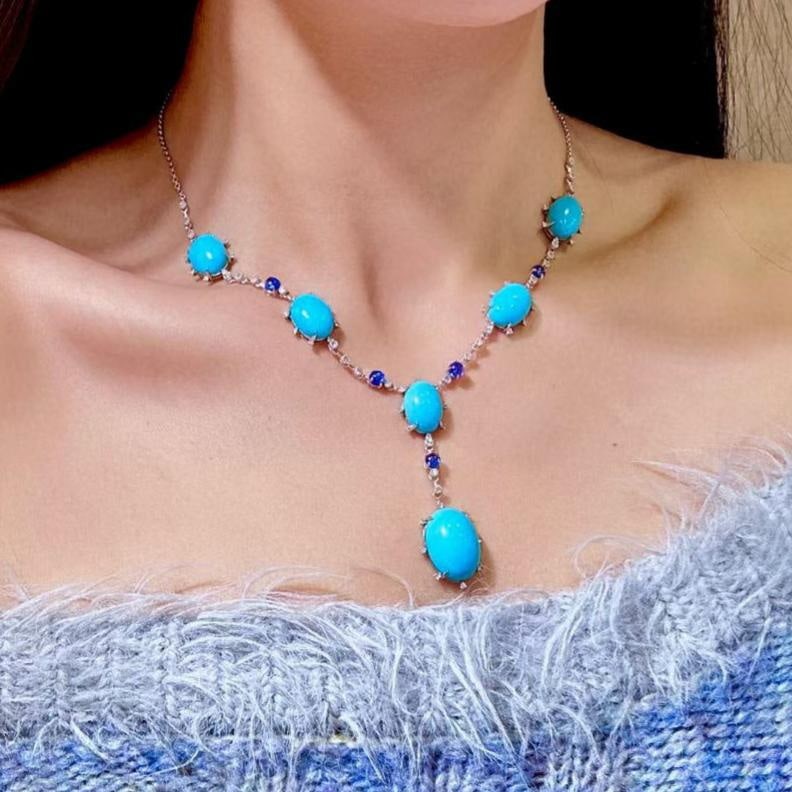 14k Gold 37.20 Ctw Natural Blue Turquoise & Sapphire Necklace - 6