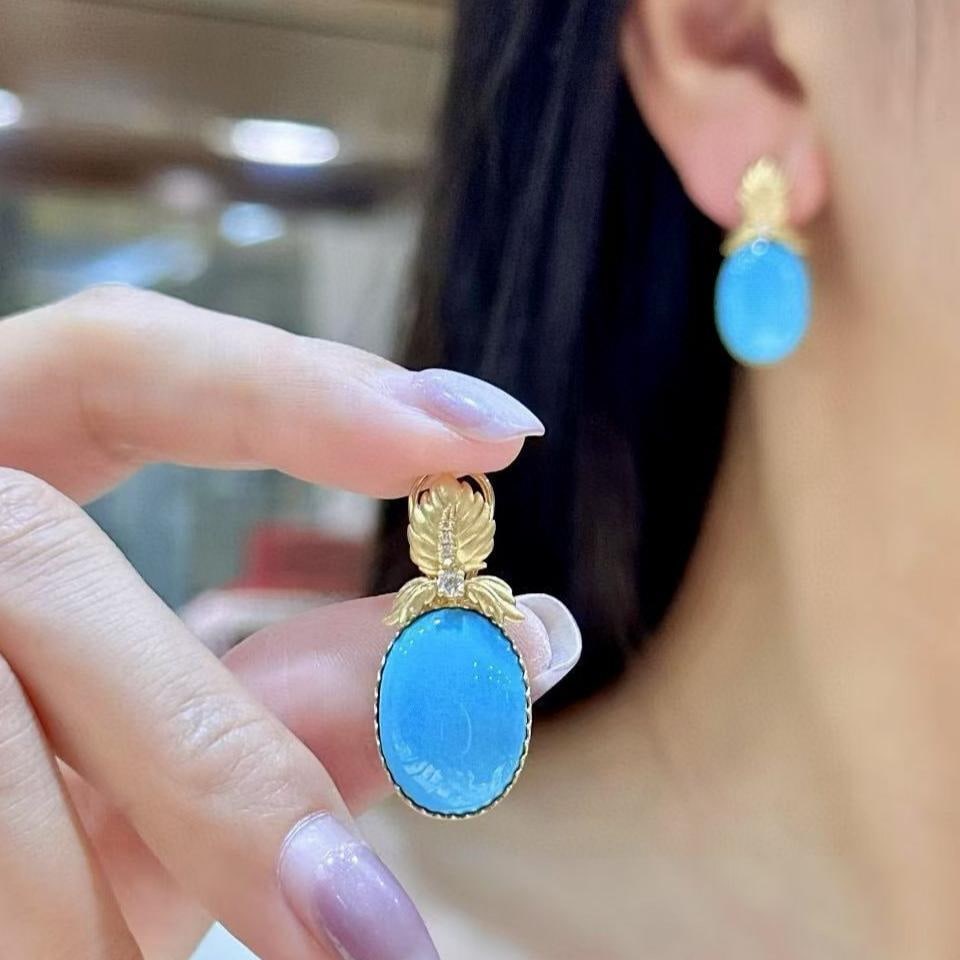 14k Gold 14.96 Ctw Natural Blue Turquoise & Diamond Earrings - 4